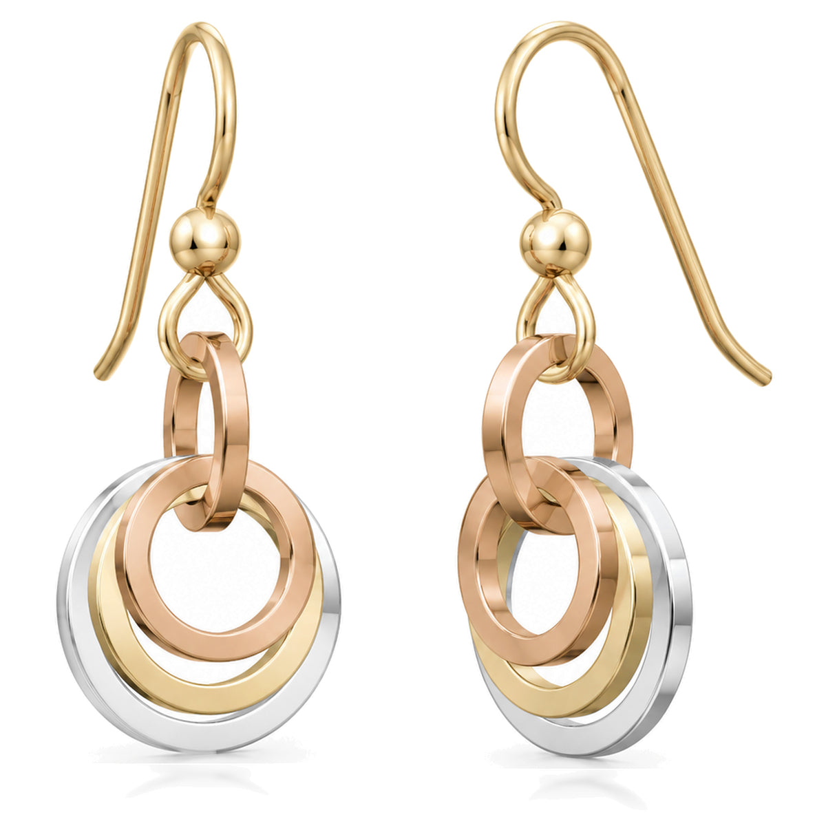 Tri-color concentric circle dangle earrings on french hook ear wires: sterling silver outer ring, 14K yellow and rose gold fill inner rings
