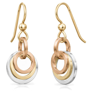 Tri-color concentric circle dangle earrings on french hook ear wires: sterling silver outer ring, 14K yellow and rose gold fill inner rings