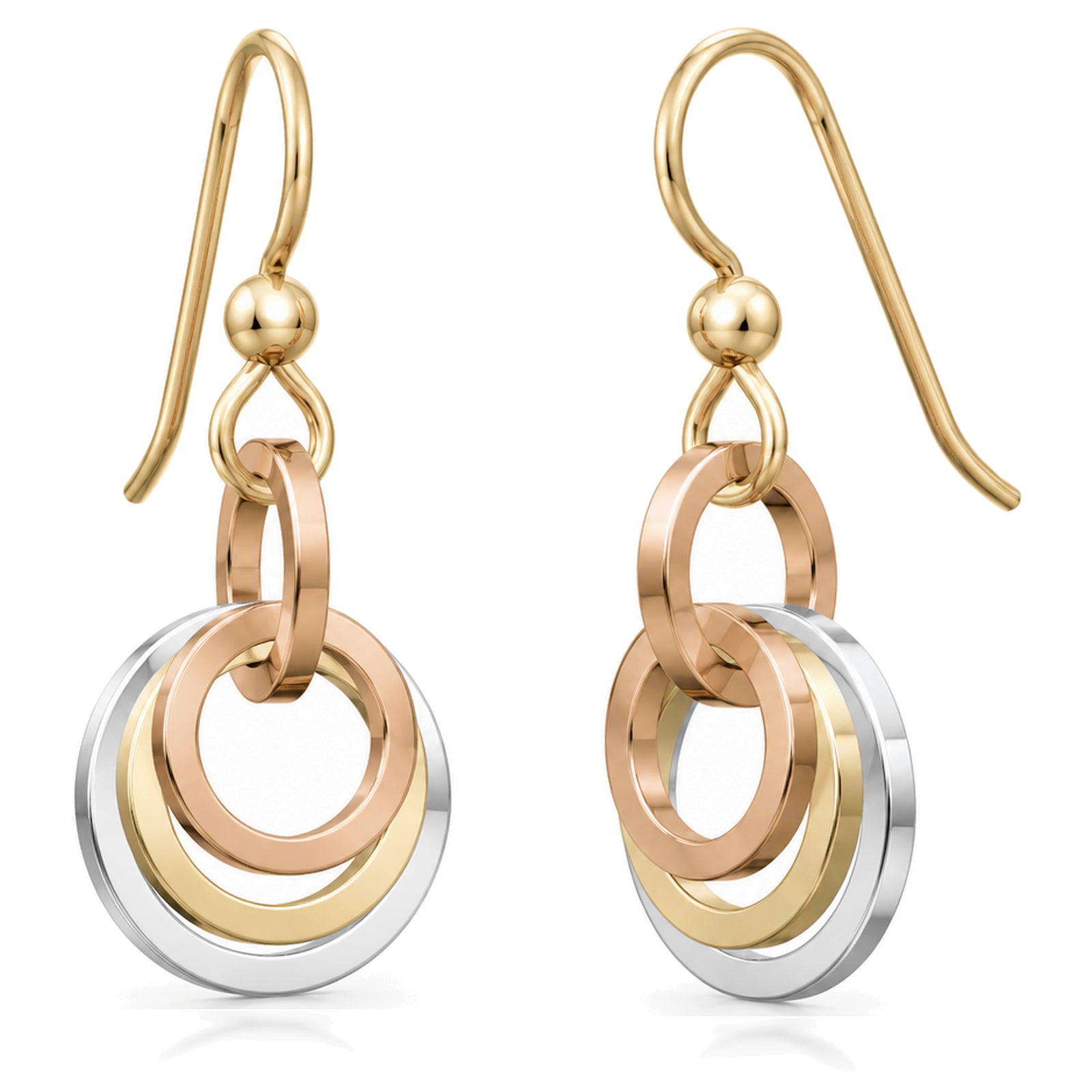 Tri-color concentric circle dangle earrings on french hook ear wires: sterling silver outer ring, 14K yellow and rose gold fill inner rings