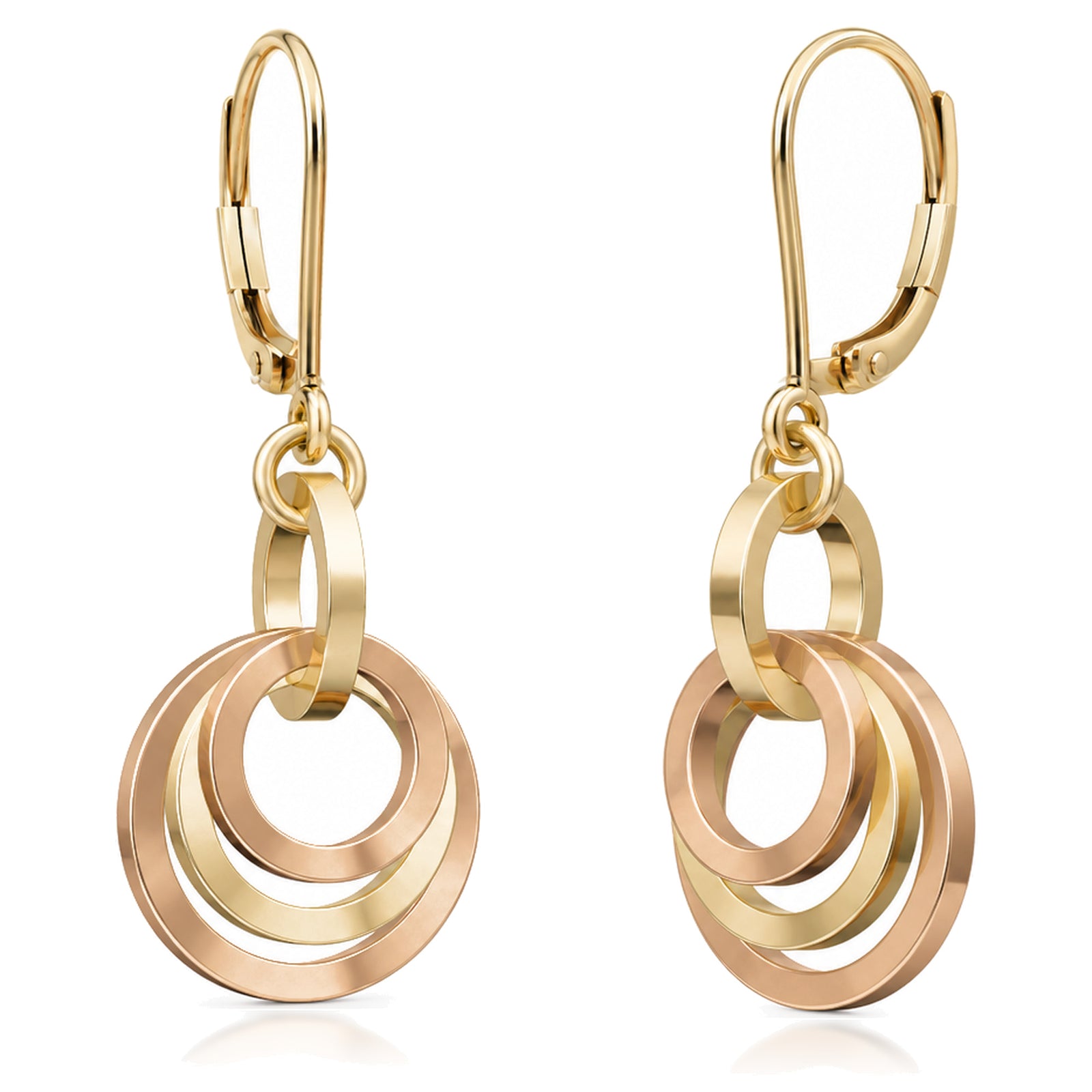 Concentric circle dangle earrings in 14K yellow and rose gold fill on french hook ear wires