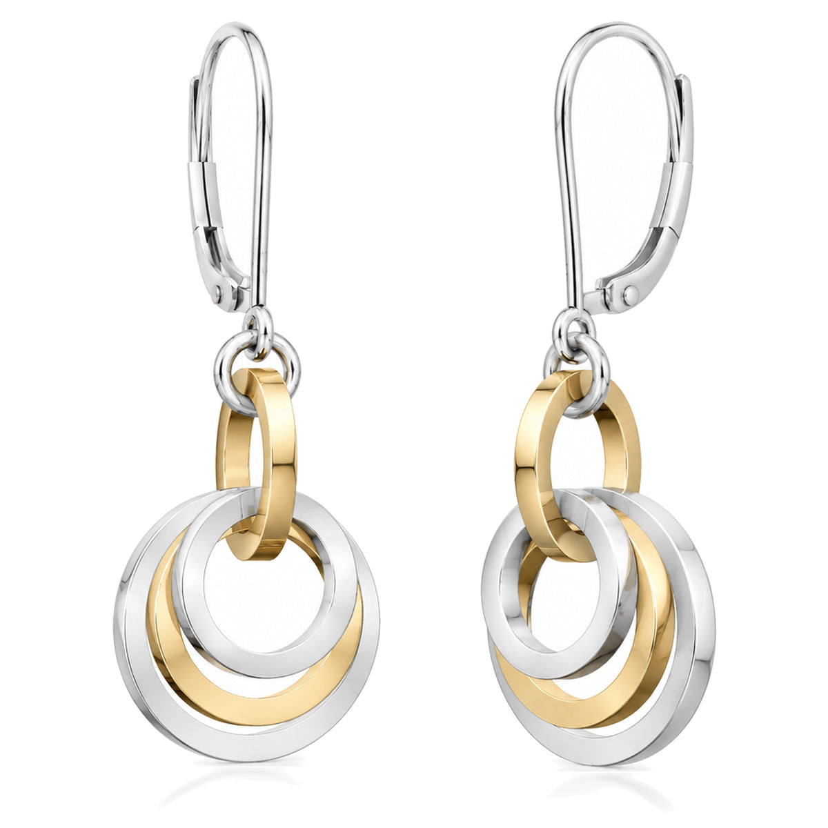 Two-tone concentric circle dangle earrings on leverbacks: sterling silver rings with 14K yellow gold fill connector and middle ring