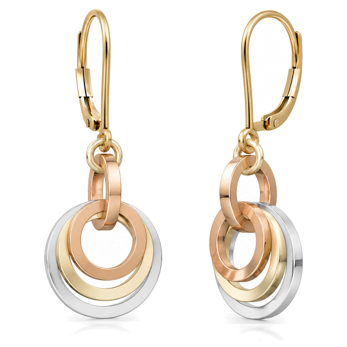 Tri-color concentric circle dangle earrings on leverbacks: sterling silver outer ring, 14K yellow and rose gold fill inner rings