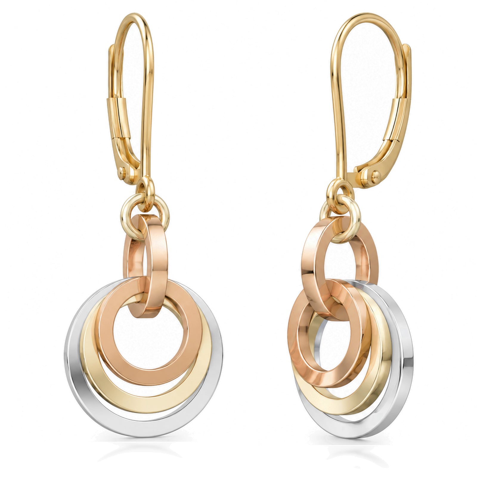 Tri-color concentric circle dangle earrings on french hook ear wires: sterling silver outer ring, 14K yellow and rose gold fill inner rings