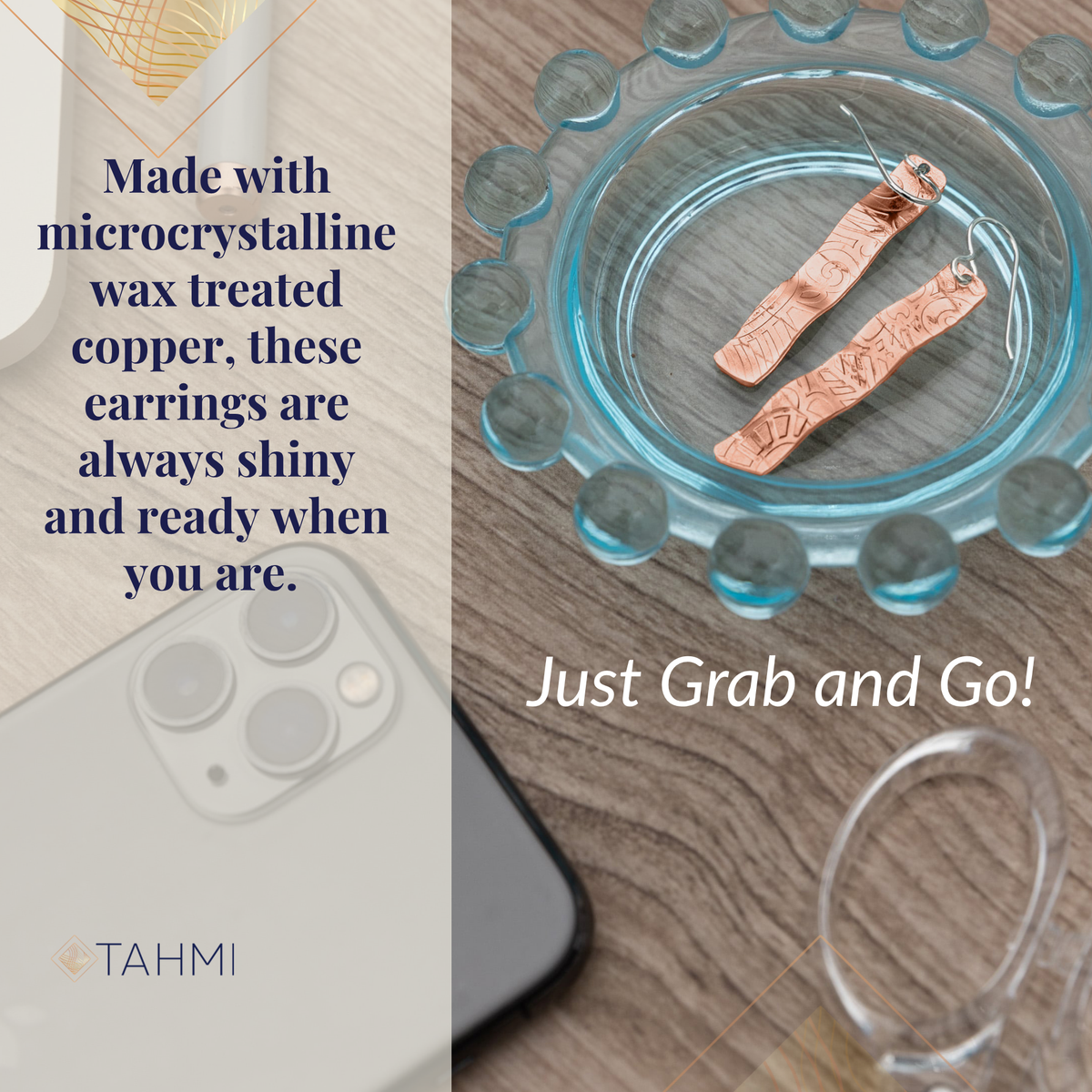 Wax-sealed copper earrings in a glass dish, ready to wear