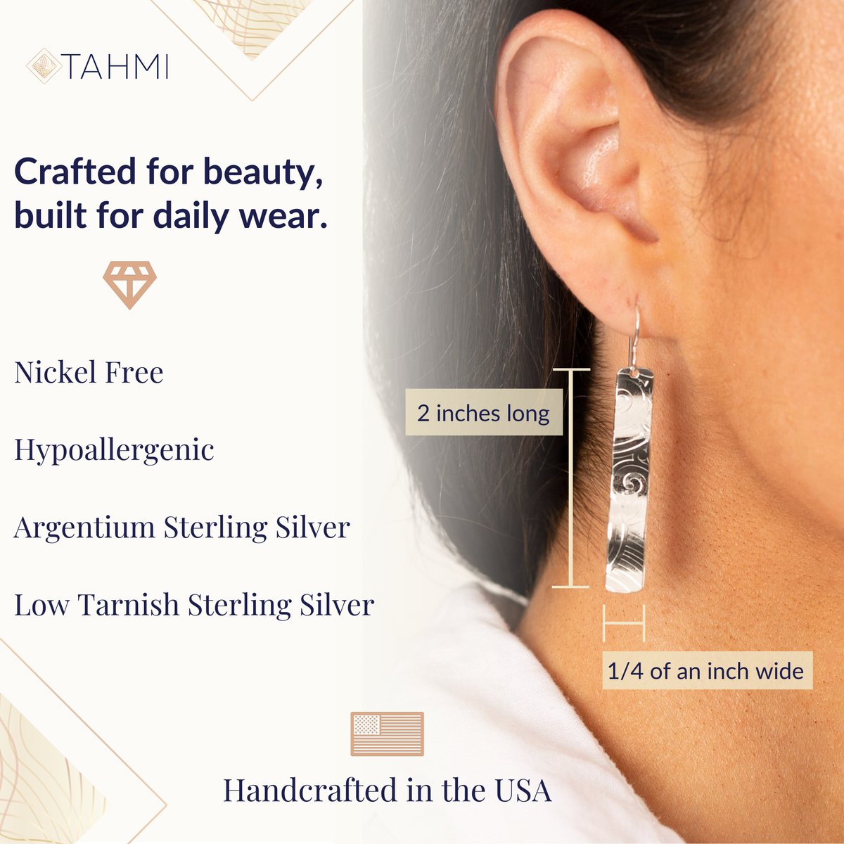 Size chart: Argentium Sterling Silver wave earrings 2 inches long and 1/4 inch wide