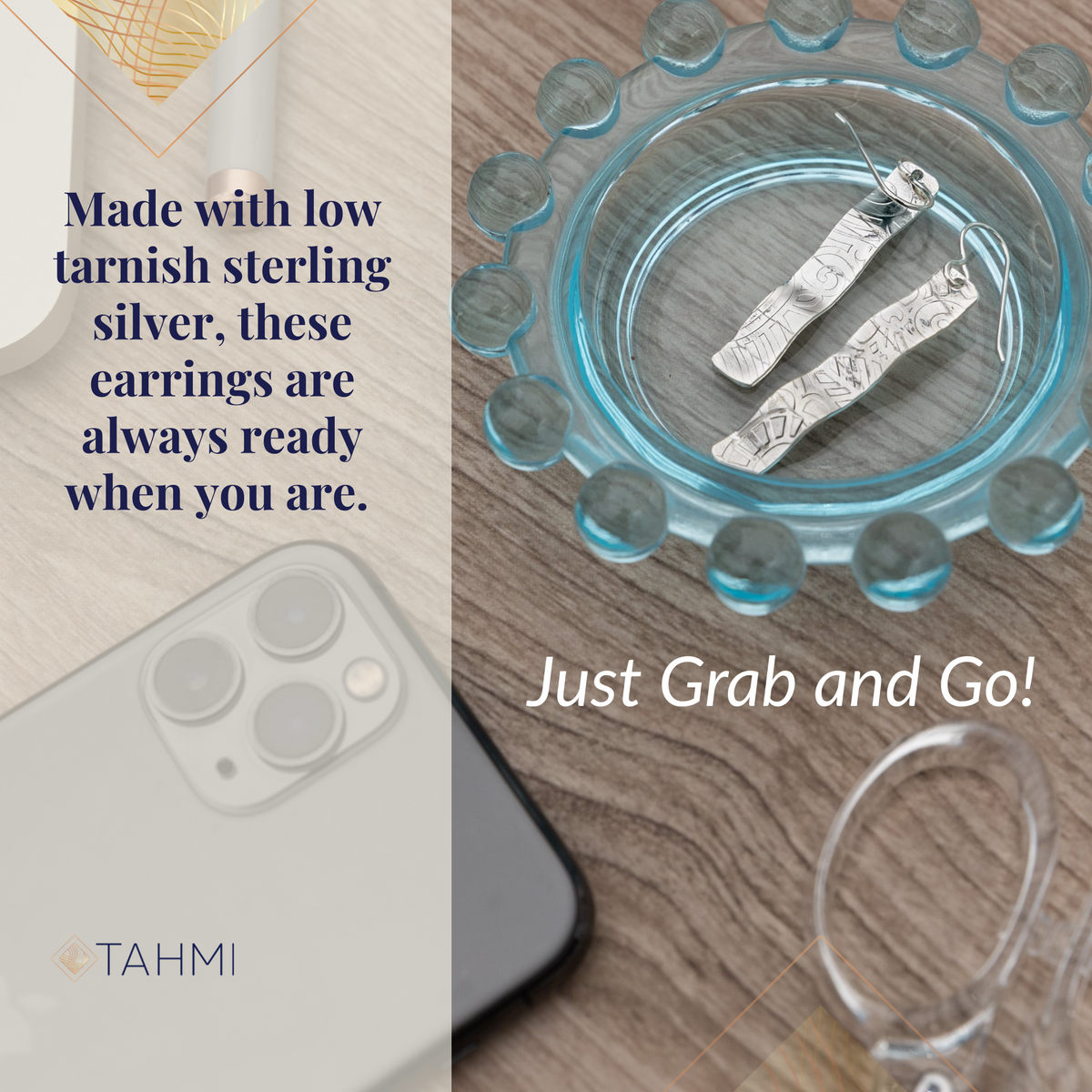 Low-tarnish sterling silver earrings in a glass dish, ready to wear