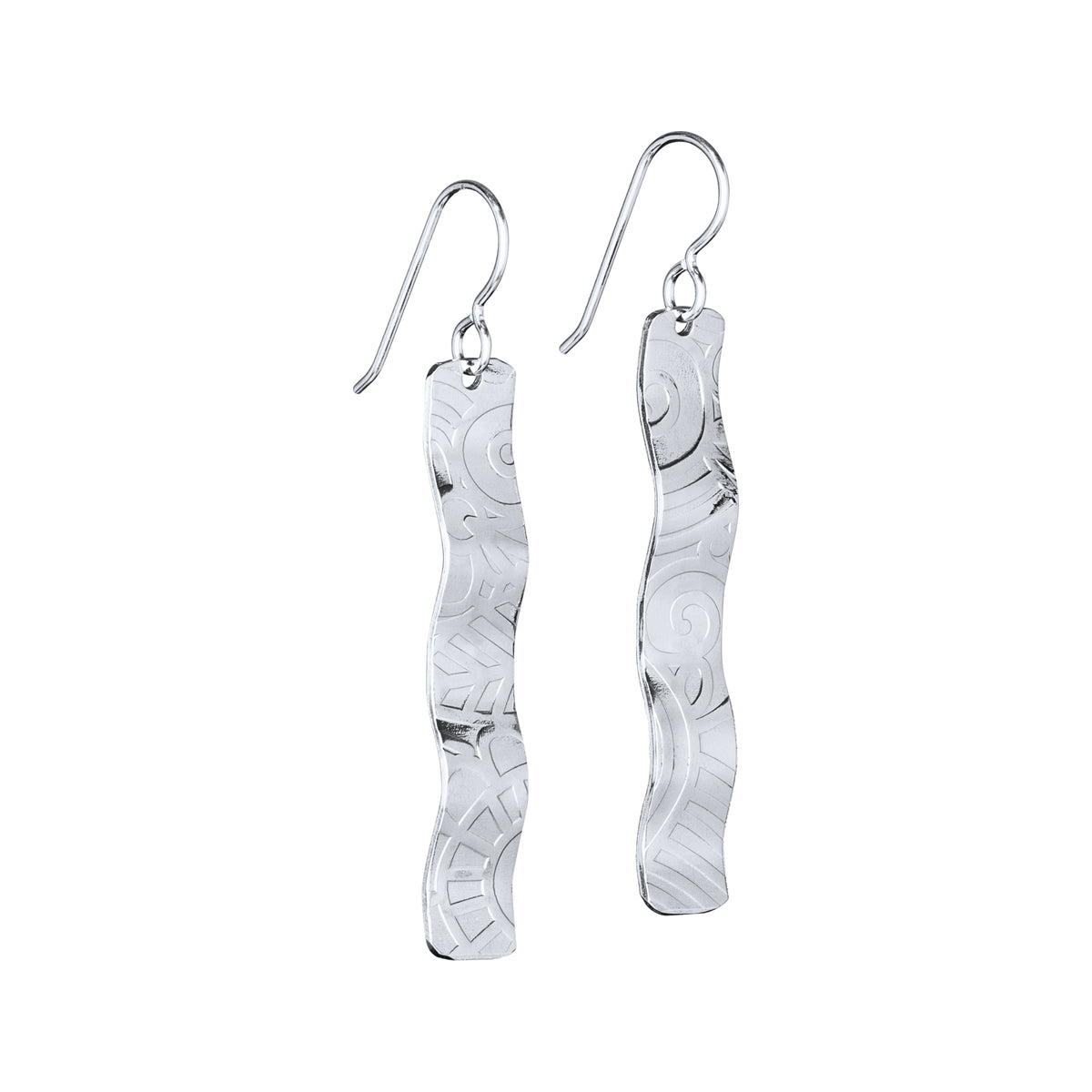 Sterling silver Goddess Wave dangle earrings on a white background