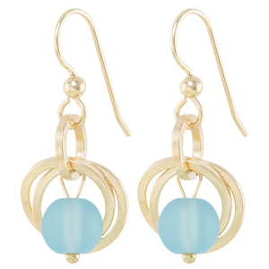 Light Baby Blue Recycled Glass Ball Dangle Earrings in 14K Yellow Gold Fill