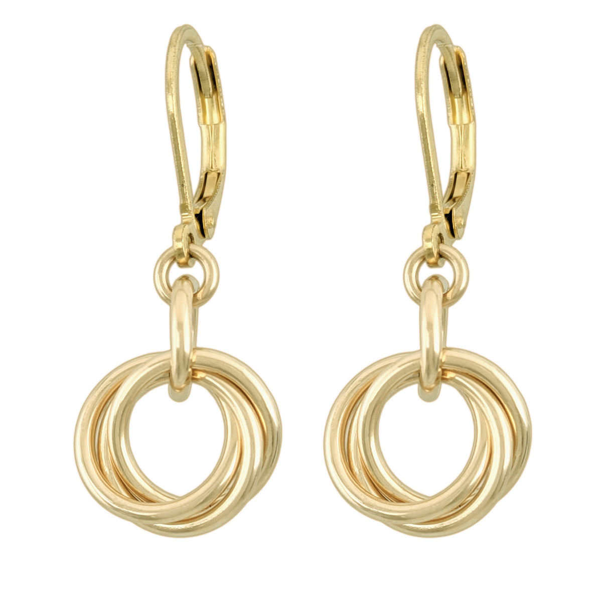 Petite 14K gold filled love knot leverback earrings on a white background