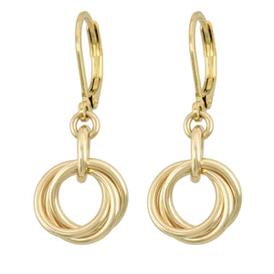 Petite 14K gold filled love knot leverback earrings on a white background