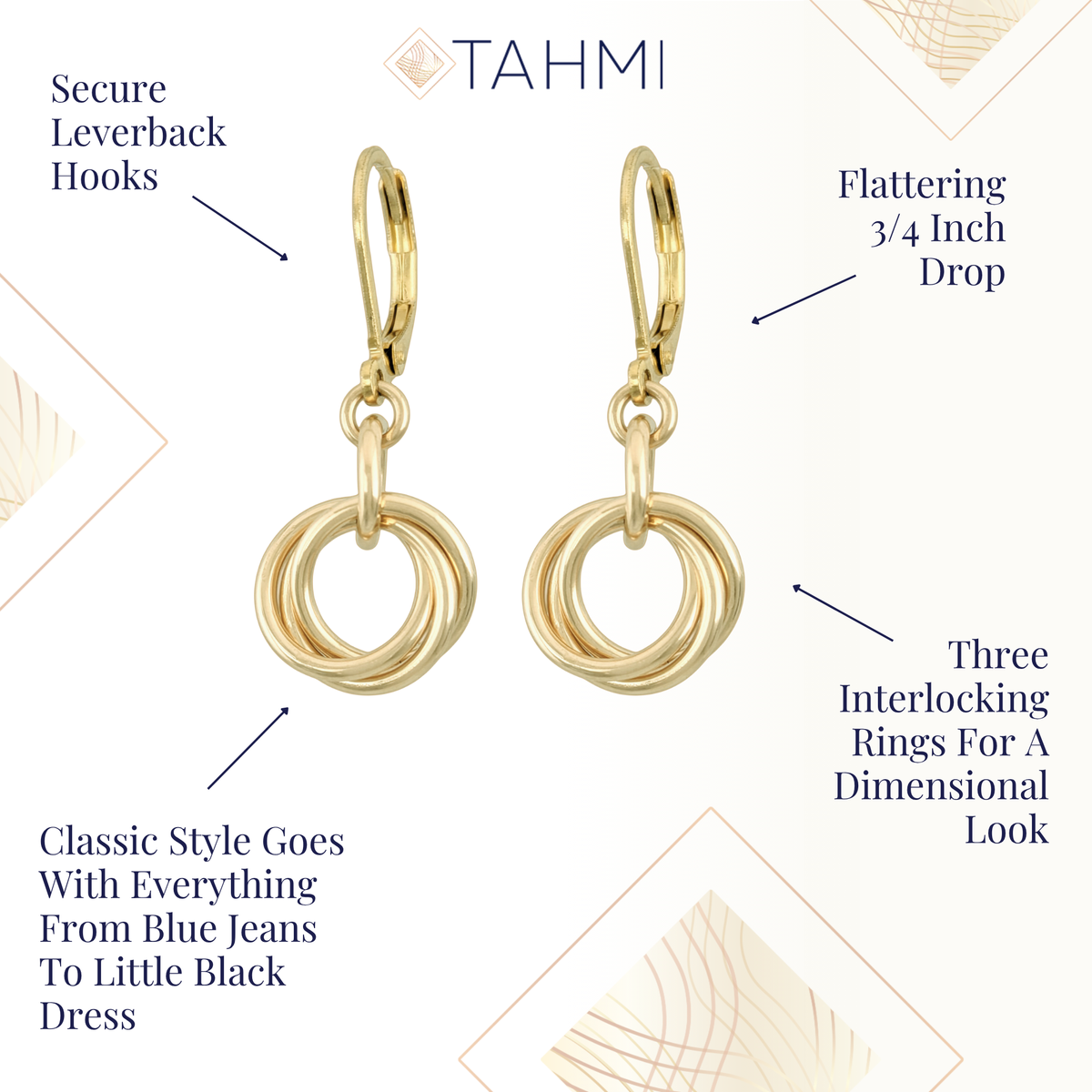 Gold love knot earrings with secure leverback hooks, a 3/4 inch drop, and three interlocking rings