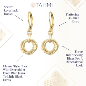 Gold love knot earrings with secure leverback hooks, a 3/4 inch drop, and three interlocking rings