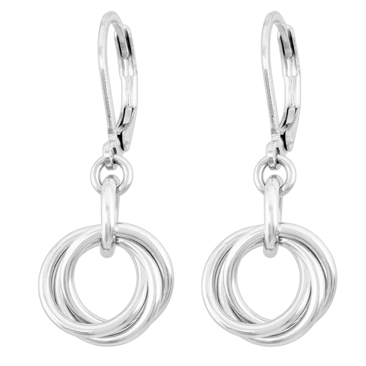 Petite sterling silver love knot leverback earrings on a white background