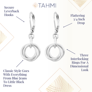Sterling silver love knot earrings with secure leverback hooks and three interlocking rings