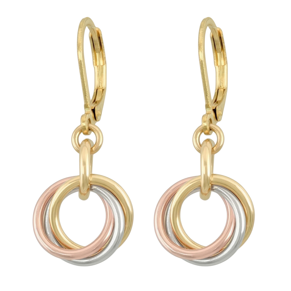 Petite tri-color love knot leverback earrings in yellow gold, rose gold, and silver on a white background