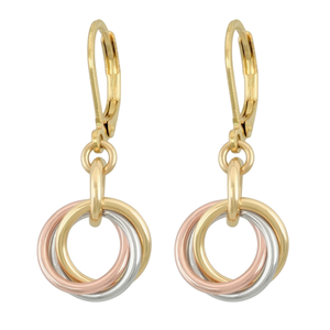 Petite tri-color love knot leverback earrings in yellow gold, rose gold, and silver on a white background