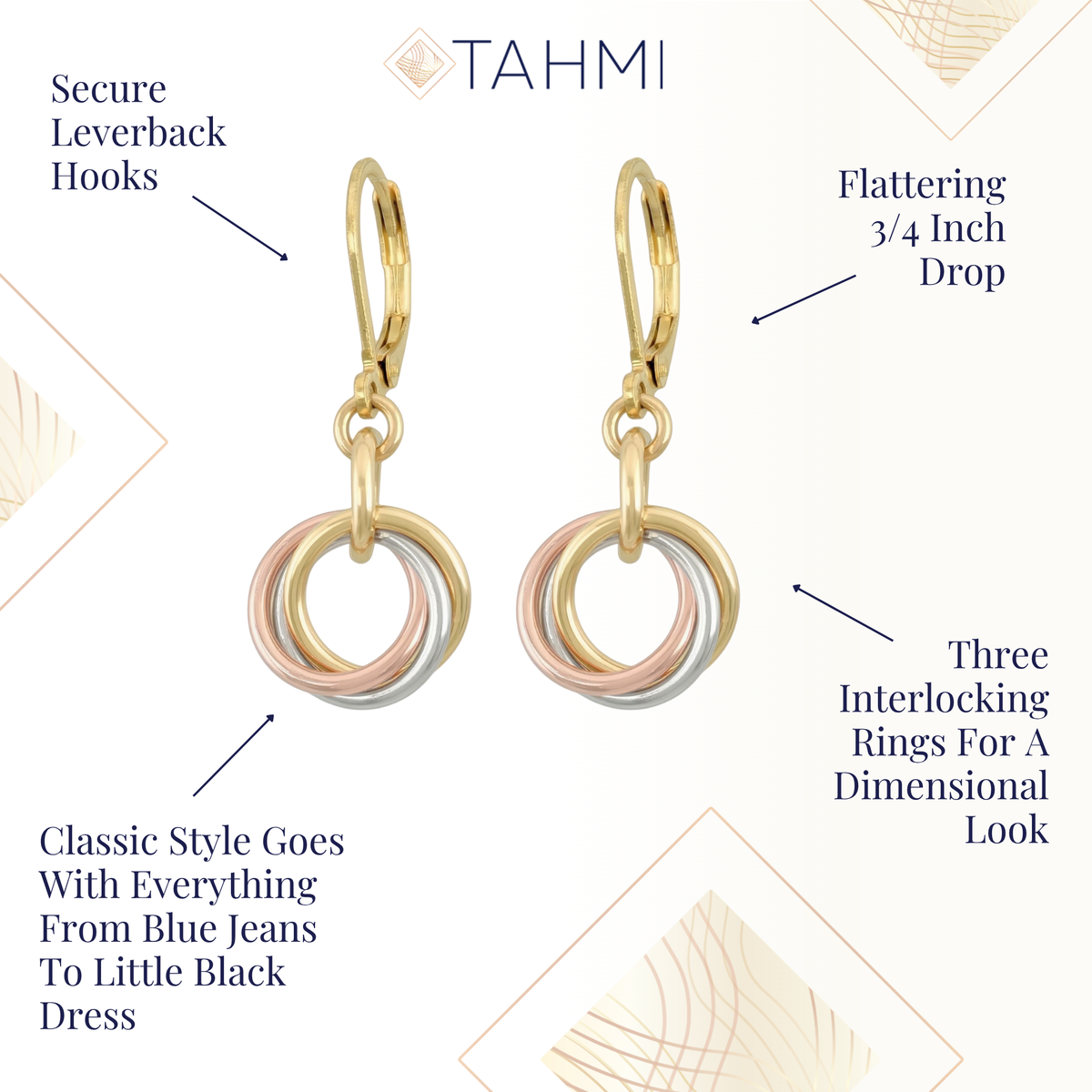 Tri-color love knot earrings with secure leverback hooks, a 3/4 inch drop, and three interlocking rings