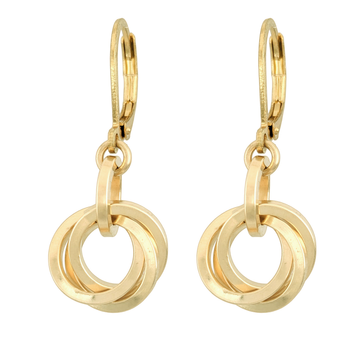 Petite 14K gold filled square wire love knot leverback earrings on a white background