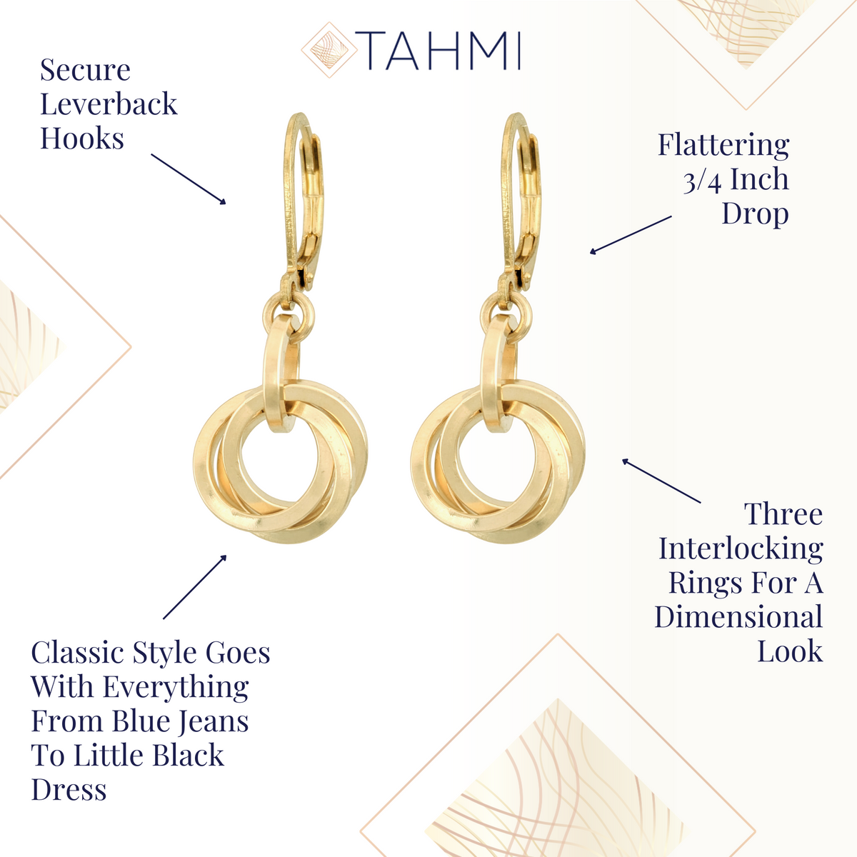 Gold square wire love knot earrings with secure leverback hooks, a 3/4 inch drop, and three interlocking rings