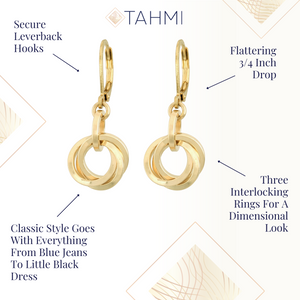 Gold square wire love knot earrings with secure leverback hooks, a 3/4 inch drop, and three interlocking rings