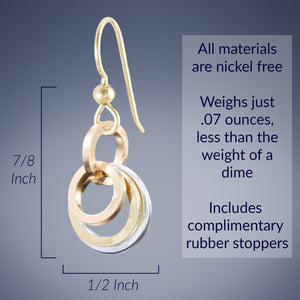 Tri-Color Minimalist Circle Dangle Earrings in Silver and Rose & Yellow 14K Gold Fill