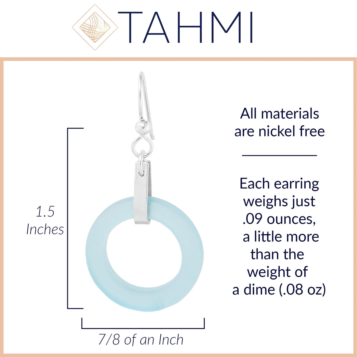 Light Baby Blue Round Recycled Glass Open Circle and Sterling Silver Strap Style Dangle Earrings