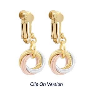 Tri Color Round Love Knot Dangle Earrings (Sterling Silver, 14K Yellow and Rose Gold Fill)