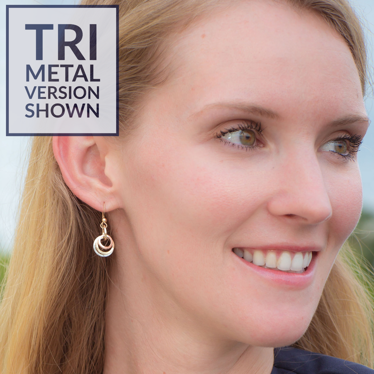 Tri-Color Minimalist Circle Dangle Earrings in Silver and Rose & Yellow 14K Gold Fill