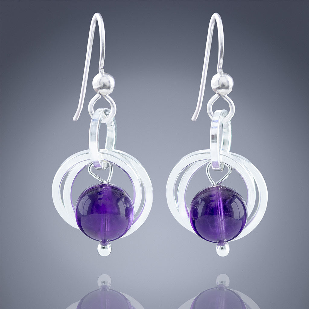 Dark Purple 8mm Amethyst Dangle Earrings in Argentium Silver