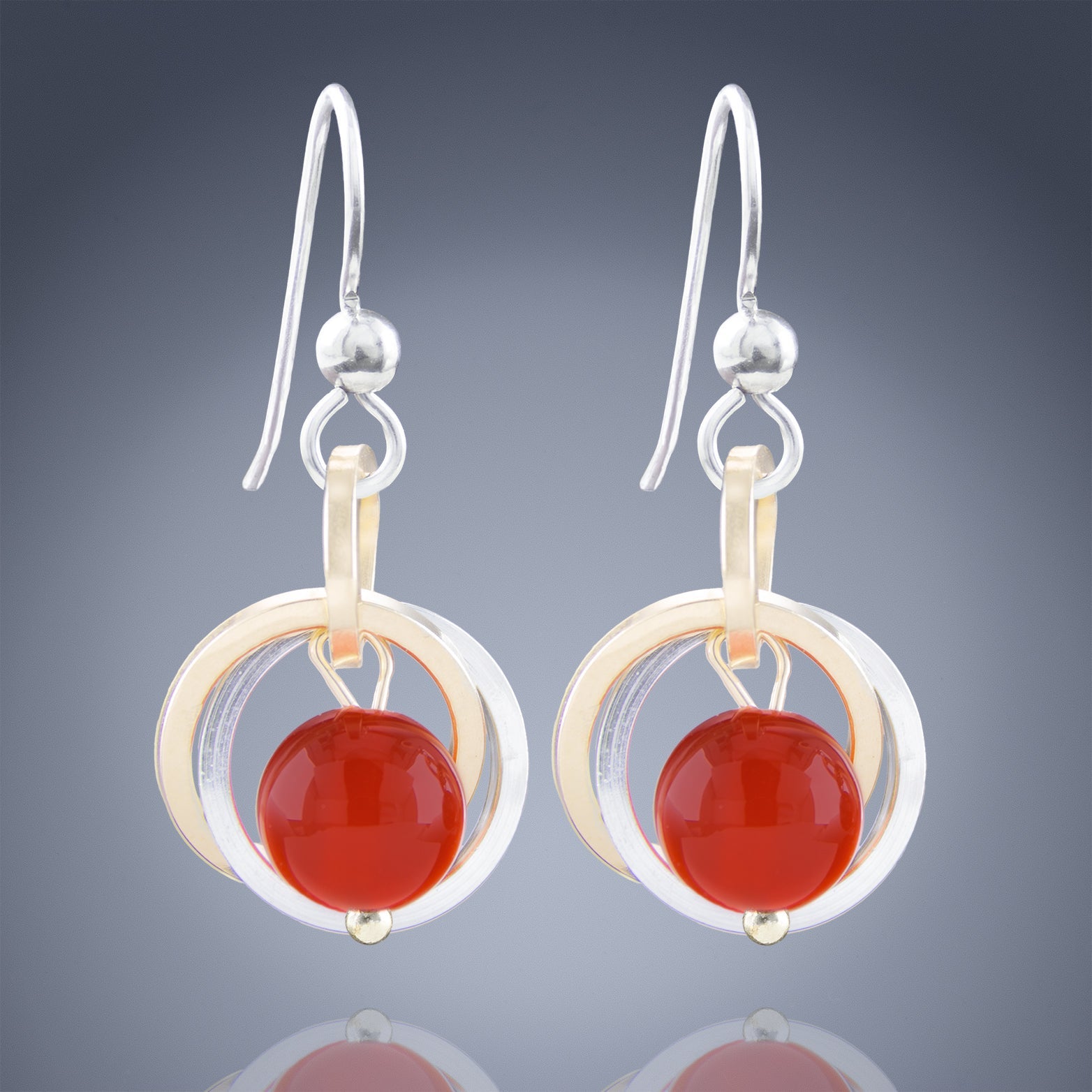 Two Tone Carnelian Gemstone Dangle Earrings in Sterling Silver and 14K Gold Fill