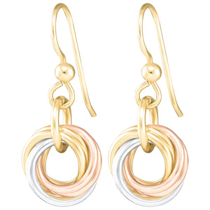 Tri Color Round Love Knot Dangle Earrings (Sterling Silver, 14K Yellow and Rose Gold Fill)