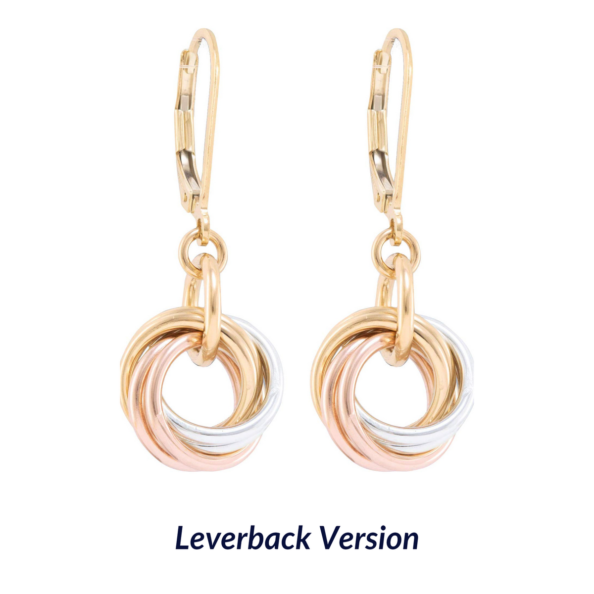 Tri-Color Love Knot Dangle Earrings in Argentium and 14K Rose & Yellow Gold Fill