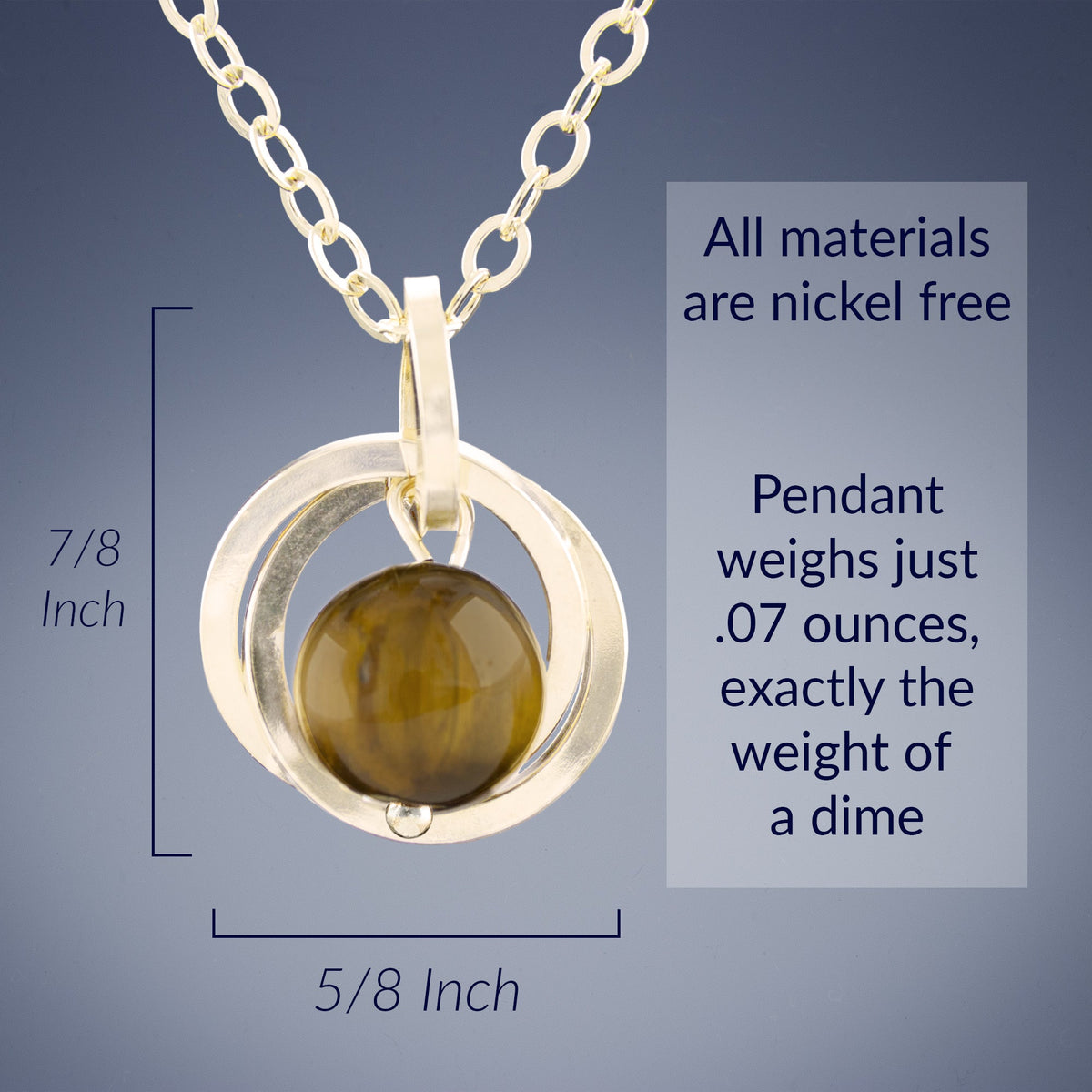 Genuine 8MM Tiger Eye Gemstone Pendant Necklace Handcrafted in 14K Yellow Gold Fill