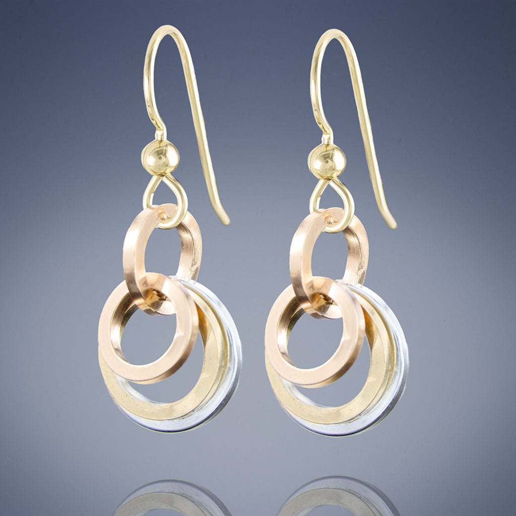 Tri-Color Minimalist Circle Dangle Earrings in Silver and Rose & Yellow 14K Gold Fill