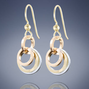 Tri-Color Minimalist Circle Dangle Earrings in Silver and Rose & Yellow 14K Gold Fill