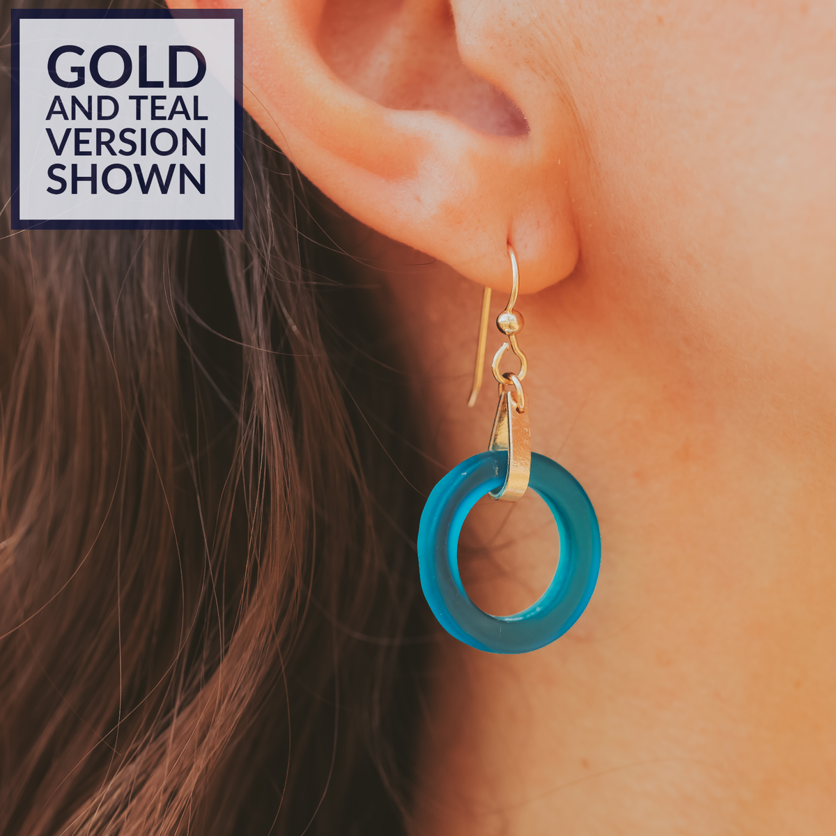 Matte Black Round Recycled Glass Open Circle and 14K Gold Fill Strap Style Dangle Earrings