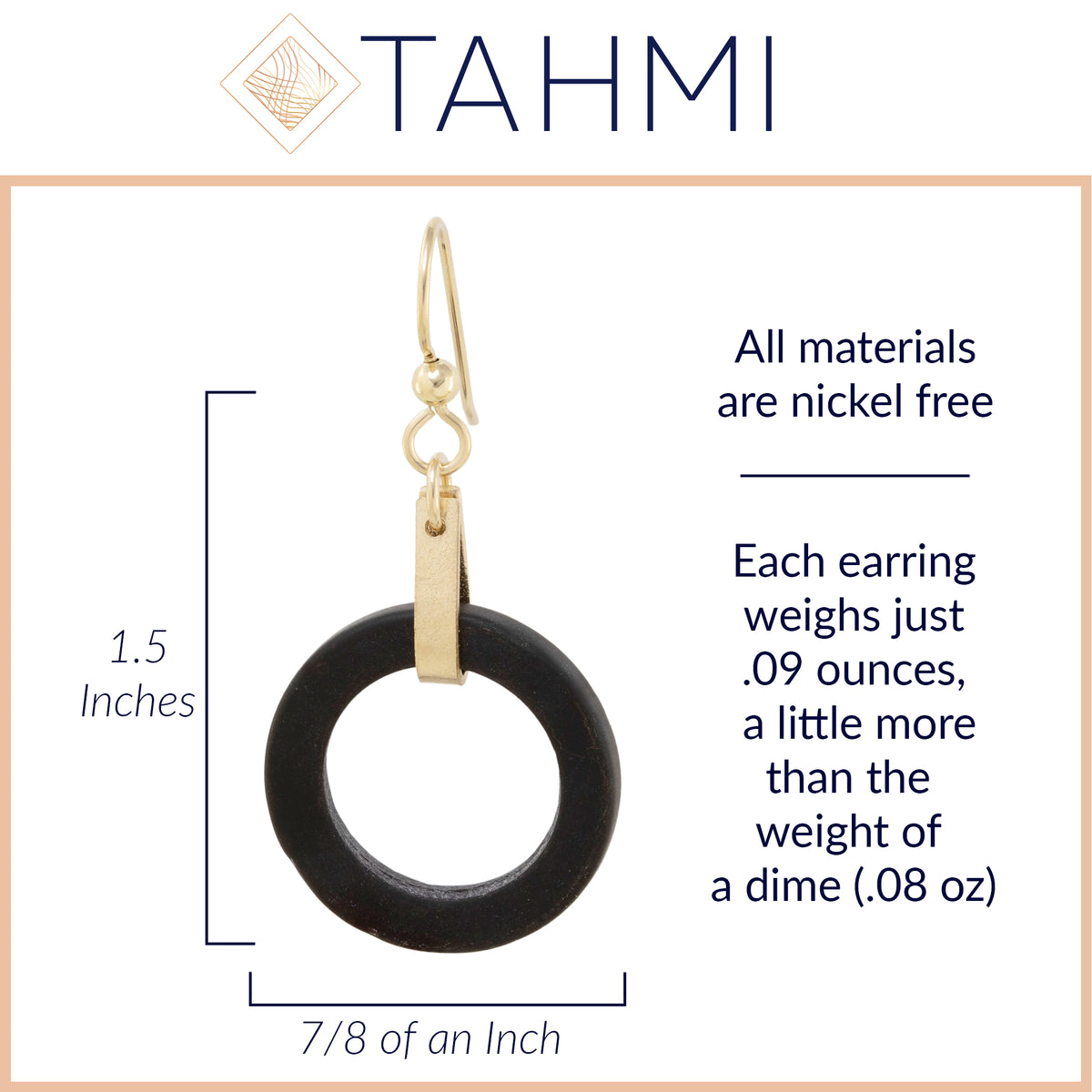 Matte Black Round Recycled Glass Open Circle and 14K Gold Fill Strap Style Dangle Earrings