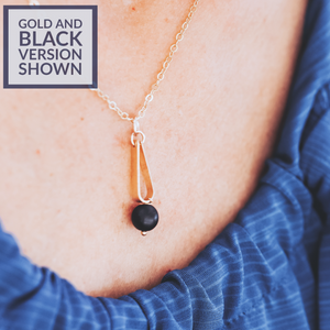 Matte Black Round Recycled Glass Ball and Sterling Silver Teardrop Shaped Pendant Necklace