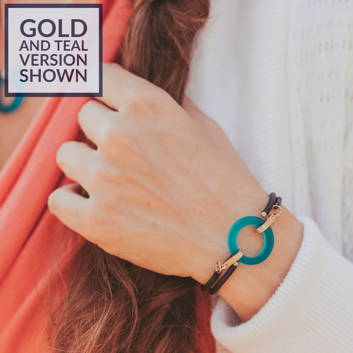 Teal Peacock Blue Recycled Glass Open Circle and 14K Gold Fill Strap Style Wrap Bracelet