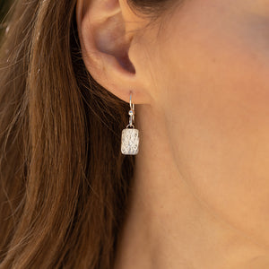 Tiny Sparkly Rectangle Shaped Earrings with Handwoven Metal Fabric and Glass in Silver