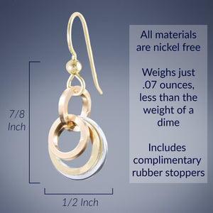 Tri Color Minimalist Simple Circle Dangle Earrings (Sterling Silver, 14K Yellow and Rose Gold Fill)