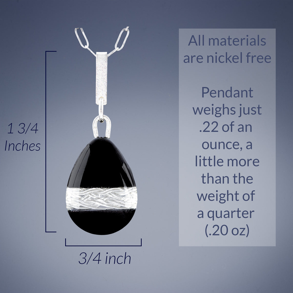 Handwoven Silver & Black Enamel Teardrop Pendant Necklace - Large