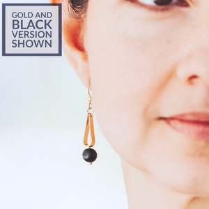 Matte Black Round Recycled Glass Ball and 14K Gold Fill Teardrop Shaped Dangle Earrings