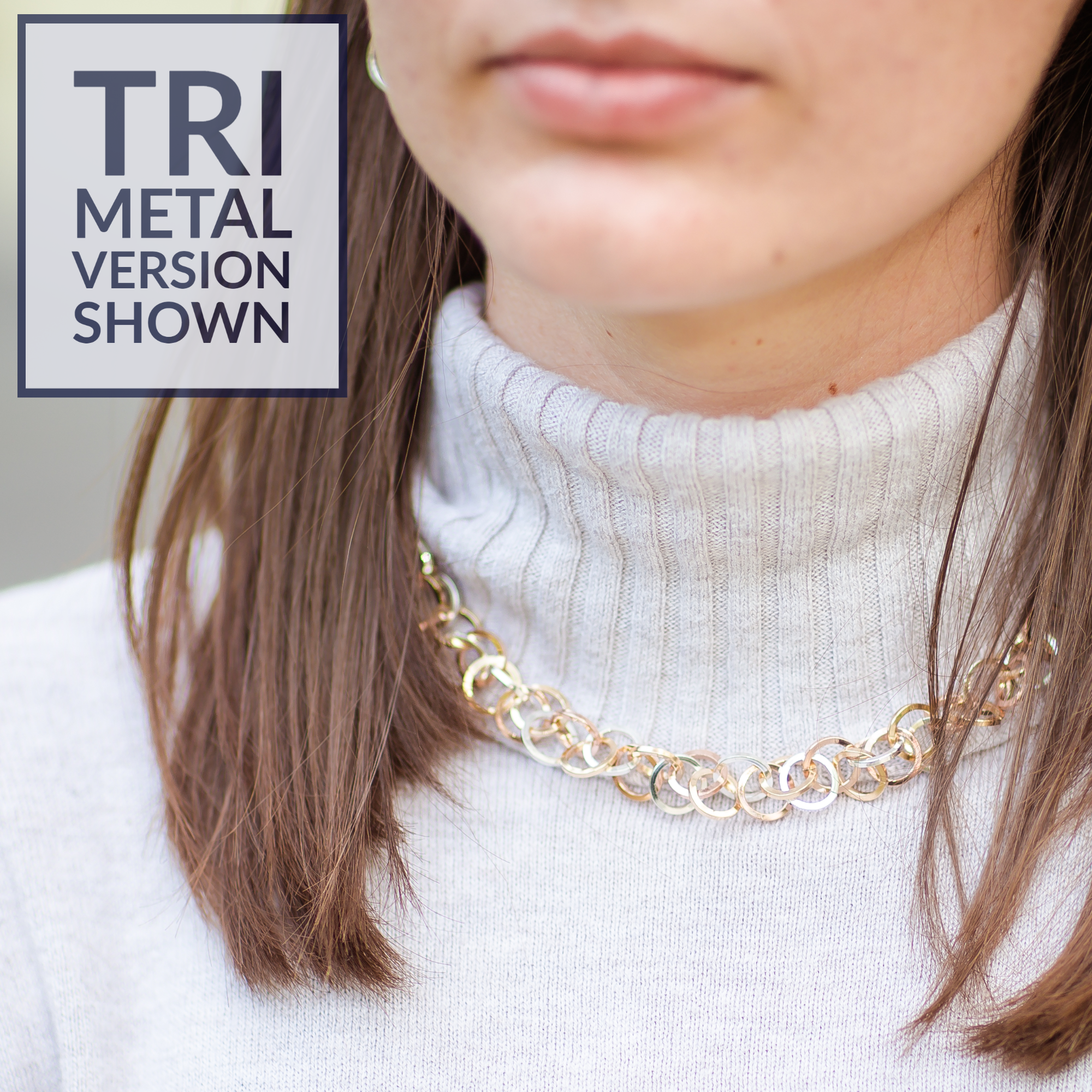 Tri Color Multi Link Chain Necklace in Sterling Silver and 14K Yellow and Rose Gold Fill