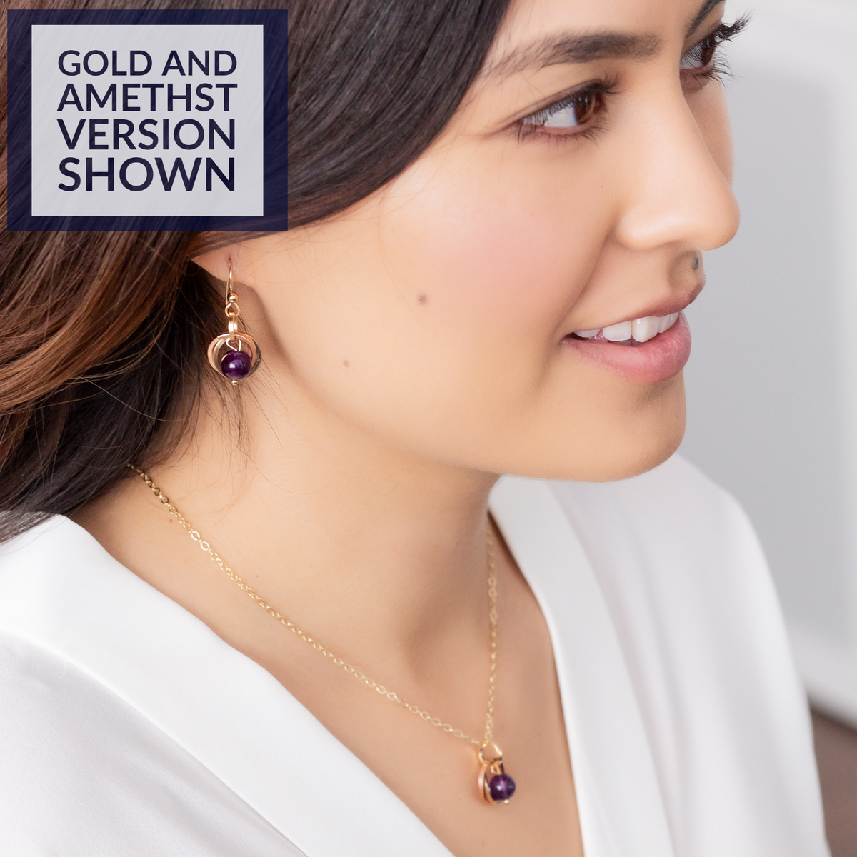 Dark Purple Genuine 8MM Amethyst Gemstone Earring and Necklace Set in 14K Yellow and Rose Gold Fill