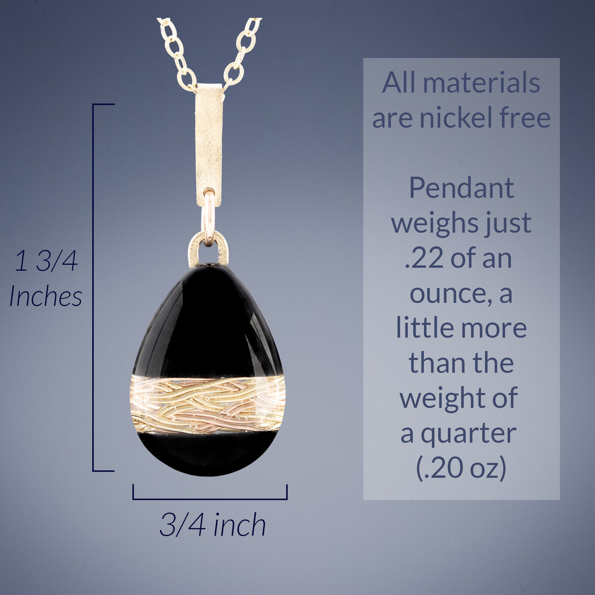 Handwoven Gold and Black Enamel Teardrop Pendant Necklace in both 14K Yellow and Rose Gold Fill