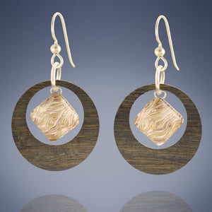Small Round Bamboo Hoop Drop Earrings with 14K Rose and Yellow Gold Fill and Glass