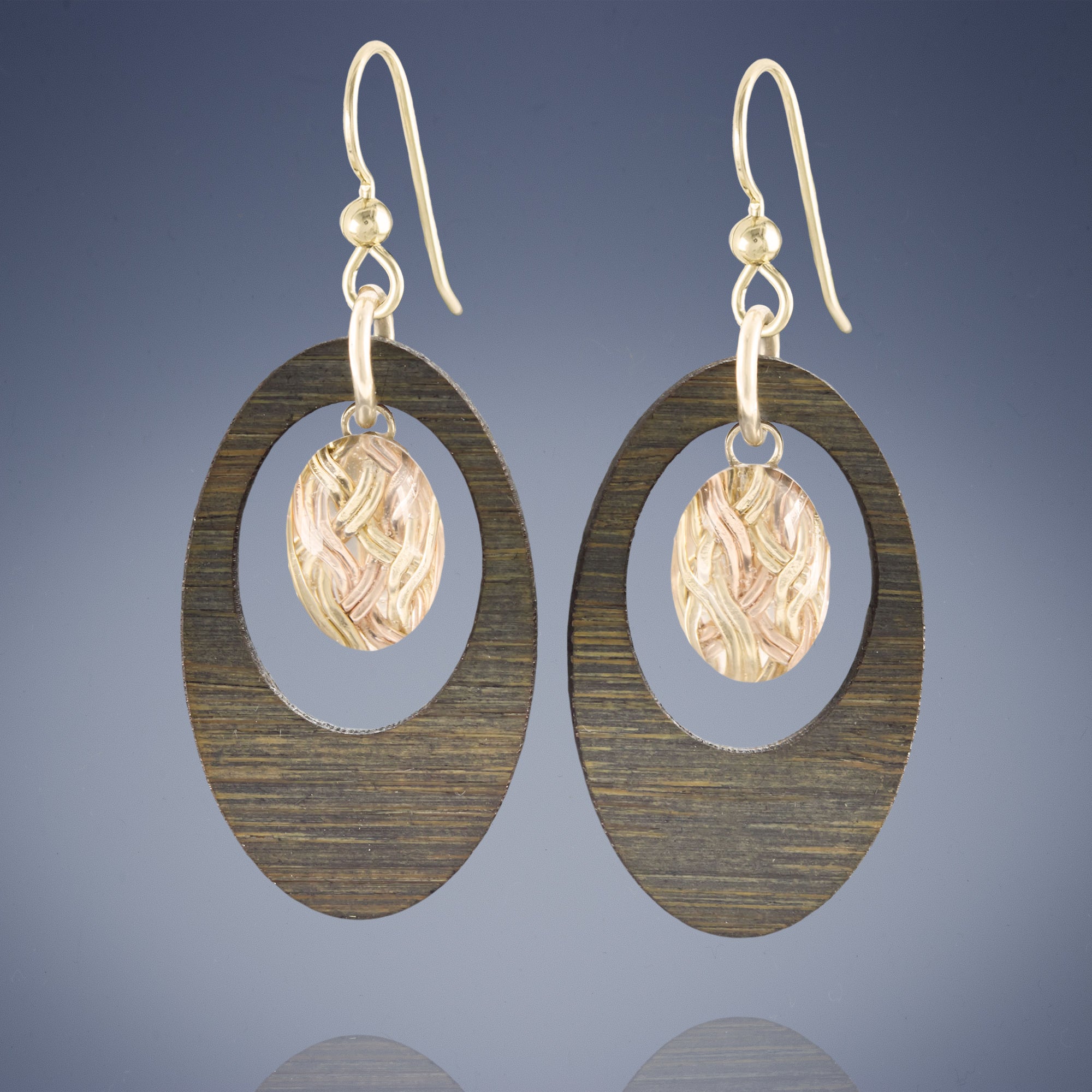 Oval Bamboo Hoop Drop Earrings with 14K Rose and Yellow Gold Fill and Glass