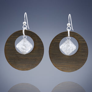 Large Round Bamboo Hoop Drop Earrings with Silver Woven Metal and Glass