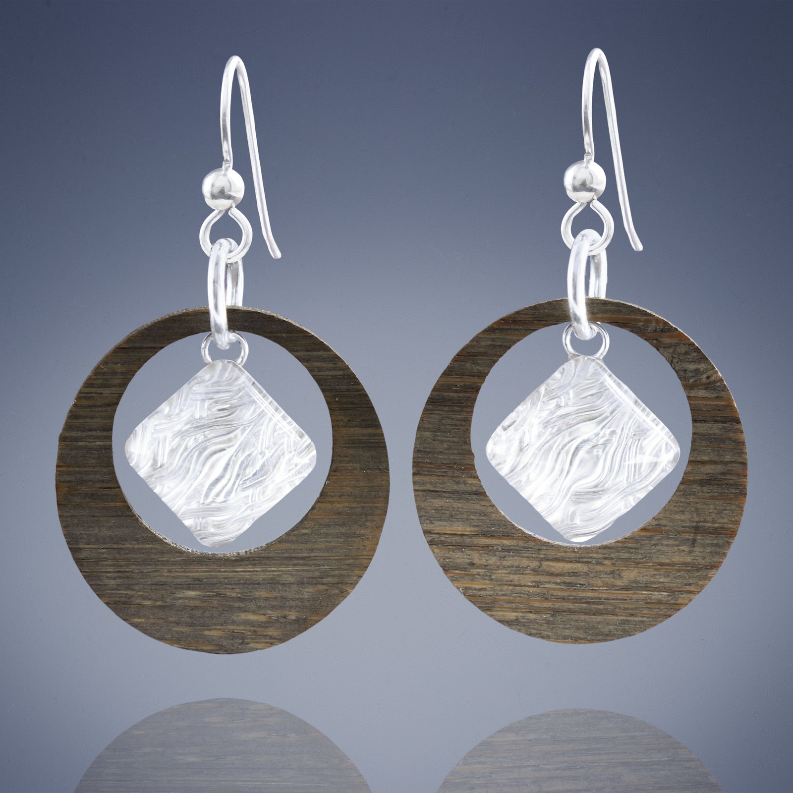 Handcrafted Bamboo Hoop Earrings with Woven Silver and Glass Details - Small